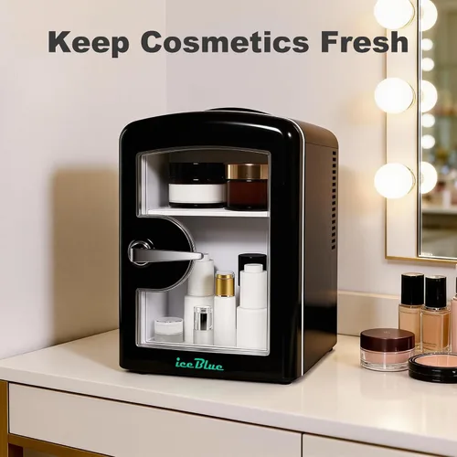 Vista 3 de Mini nevera, 4 litros/6 latas de cuidado de la piel con ventana de visualización (negro) Compact Mini Makeup Fridge for Beauty & Beverages