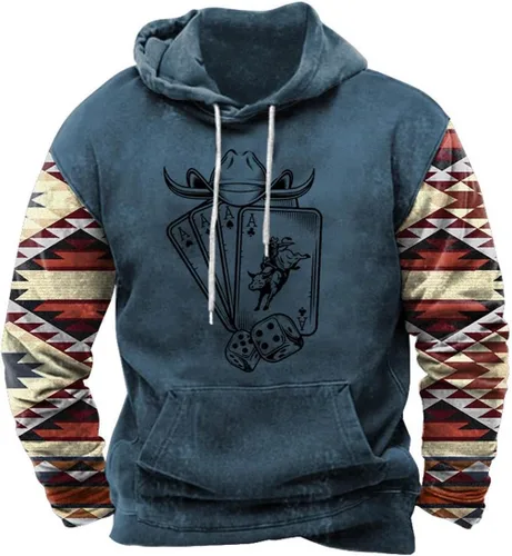 Vista 3 de HOTYD Western Cowboy Hooded Sweatshirt Vintage Aztec Pullover Men Casual Long Sleeve Drawstring Hoodies with Pocket