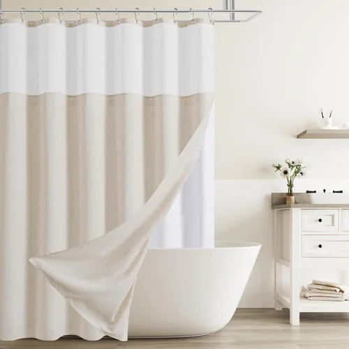 Vista 18 de Naturoom Cortina de ducha de lino de 72 pulgadas para baño, color beige y blanco, doble capa