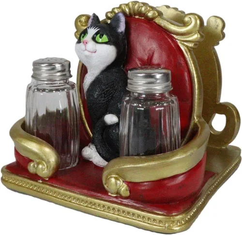 Vista 8 de Ebros Gift Royal Feline Service - Estatuilla decorativa para mesa de cocina con salero y pimentero, diseño de gato en rojo y dorado