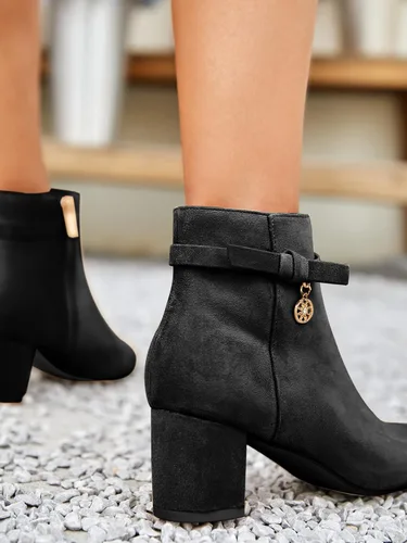 Vista 4 de Coutgo Botines para mujer, tacón bajo grueso, estilo vintage, con nudo de lazo, con cremallera lateral