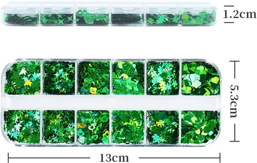 Vista 3 de 12 rejillas para el Día de San Patricio para uñas con purpurina y lentejuelas holográficas 3D trébol verde trébol para uñas con purpurina de corazón