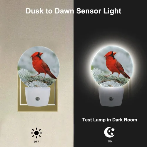 Vista 2 de Luz nocturna cardenal, pájaro rojo del norte en rama de árbol, luz nocturna LED para encendido/apagado automático para pasillo, escalera, cocina