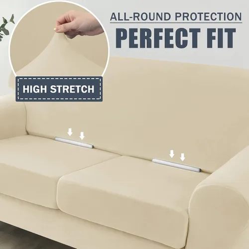 Vista 5 de CONRUSER Funda elástica para sofá, funda de terciopelo suave para sofá de un solo asiento con funda de cojín, protector de muebles (beige, talla S)