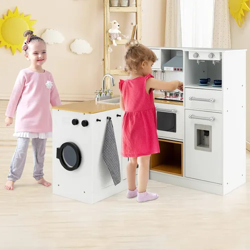 Vista 2 de GLACER Juego de cocina de madera para niños, cocina de juego de simulación de 2 piezas con luces y sonidos realistas, lavadora, dispensador de agua