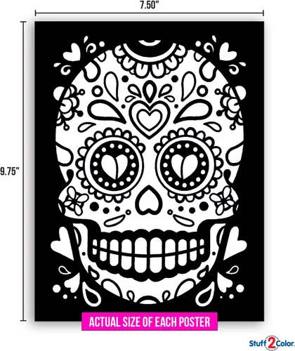 Vista 6 de Stuff2Color Sugar Skulls - Pósteres de terciopelo mullido para colorear de Halloween (Día de los Muertos y Día de Los Muertos) – Paquete de 6 – Gran