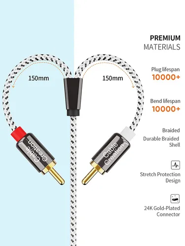 Vista 4 de CableCreation Cable de audio de 3,5 mm a RCA, ángulo de 3,5 mm macho a 2RCA macho estéreo auxiliar audio divisor en Y chapado en oro para teléfonos