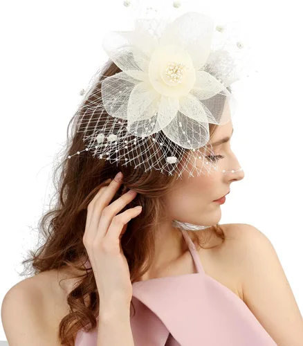 Vista 4 de Cizoe sombrero fascinador para mujer, con pinza para el cabello, sombrero con plumas para fiesta de té, para bodas, sombrero para novia