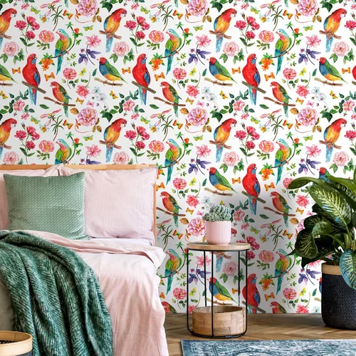 Vista 3 de Papel tapiz de 24 x 118 pulgadas de ancho, diseño floral de peonía y pájaro, papel tapiz de hojas de vinilo extraíble, autoadhesivo de mariposa