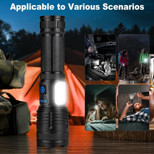 Vista 12 de KINGCAESAR Paquete de 3 linternas recargables de 90,000 lúmenes altos, luz LED ultra brillante para el hogar, linternas de alta potencia con 7 modos