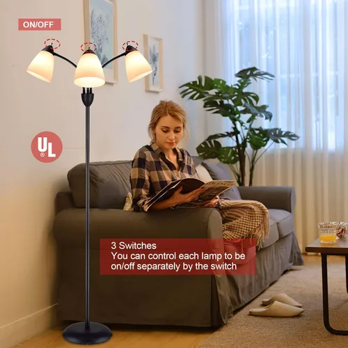 Vista 2 de DINGLILIGHTING DLLT - Lámpara de pie moderna para lectura, 3 luces con cuello de ganso flexible ajustable, lámpara de árbol de pie para sala