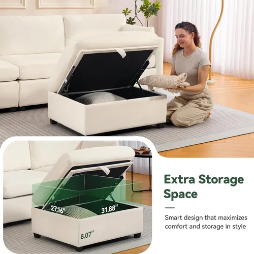 Vista 7 de Sofá modular de 109 pulgadas, sofá en forma de L con otomana de almacenamiento, cómodo sofá nube con asiento profundo, sofás seccionales Beige