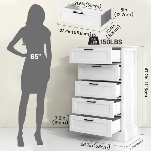 Vista 2 de ZLWJGY Cómoda blanca para dormitorio, cómoda de madera con 5 cajones, cómoda para dormitorio, sala de estar, entrada, pasillo, asas negras