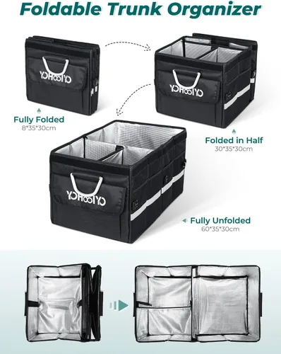 Vista 7 de YOHOOLYO Organizador de maletero de automóvil con bolsa refrigeradora aislada plegable para SUV con múltiples compartimentos y tapa