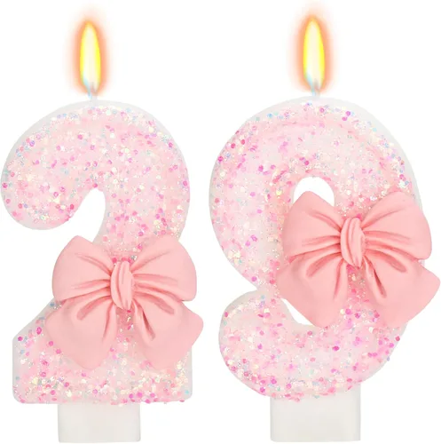Vista 13 de Vela de cumpleaños para pastel, vela 0 - purpurina rosa con lazo, vela de feliz cumpleaños de 2.76 pulgadas, adorno superior de pastel para fiestas