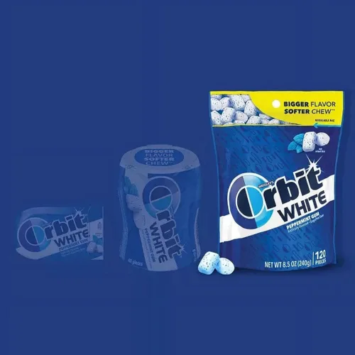 Vista 4 de Orbit - Goma de mascar de menta blanca sin azúcar, 3 bolsas resellables