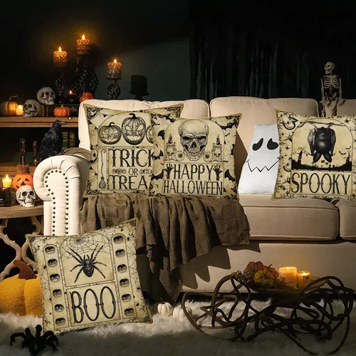 Vista 2 de Juego de 4 fundas de almohada de 16 x 16 pulgadas con texto en inglés «Happy Halloween» de Halloween con diseño de calabaza espeluznante y B Vintage