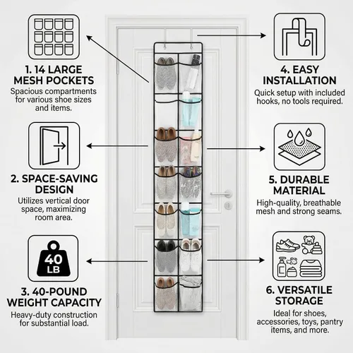 Vista 7 de Organizador de zapatos sobre la puerta con 14 bolsillos grandes de malla, almacenamiento colgante que ahorra espacio para zapatos y accesorios, Negro