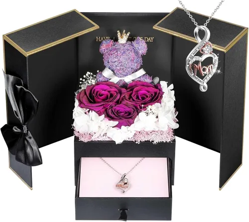 Vista 24 de AddWel Regalos de rosas para mujer, rosas azules reales preservadas con collar I Love You en 100 idiomas y lindo oso de musgo para novia, esposa