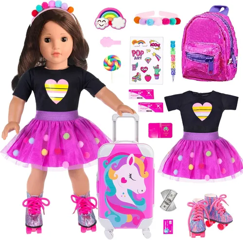 Vista 7 de ebuddy Juego de ropa para muñecas de 18 pulgadas y accesorios de viaje, juego con temática de unicornio para muñecas de 18 pulgadas, incluye Suite