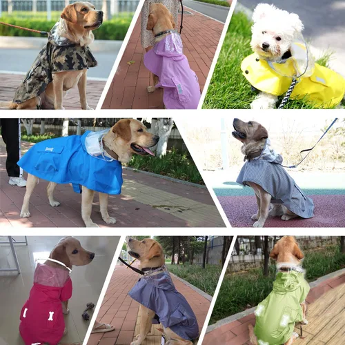 Vista 7 de Chubasquero impermeable para perros, ropa impermeable ajustable con tira reflectante y ligera con capucha tipo poncho (Verde Ejército, XS)