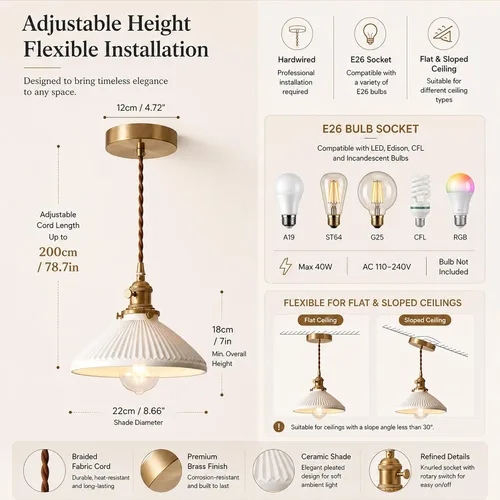 Vista 4 de Lámparas colgantes de cerámica industrial vintage, cable colgante ajustable de 6.56 pies, enchufe de latón, compatible con bombillas E26/E27