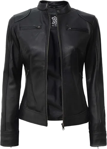 Vista 2 de Blingsoul - Chaqueta de cuero marrón para mujer, estilo Cafe Racer negro para mujer