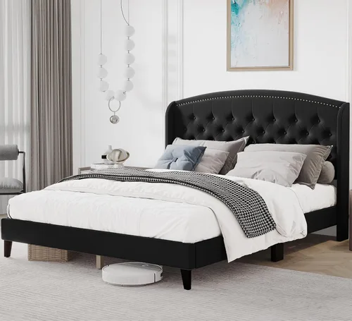 Vista 3 de Base de cama tamaño Queen, plataforma tapizada con cabecera de ala y diseño capitoné de botones, soporte de listones de madera, fácil montaje,