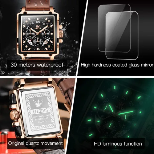 Vista 5 de OLEVS Reloj analógico de cuarzo para hombre, correa de cuero, reloj de cuarzo analógico, a la moda, esfera grande, impermeable, vestido luminoso
