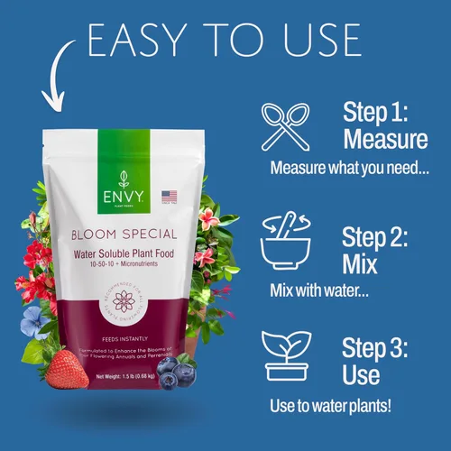Vista 4 de ENVY Bloom Special Professional Grade (10-50-10) Alimento vegetal soluble en agua, promueve flores más grandes y hermosas (1.5 libras)