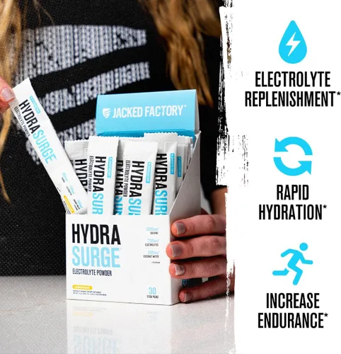 Vista 2 de Jacked Factory Hydrasurge - Paquetes de electrolitos en polvo, sin azúcar y endulzados naturalmente, aptos para dietas cetogénicas y veganas, se