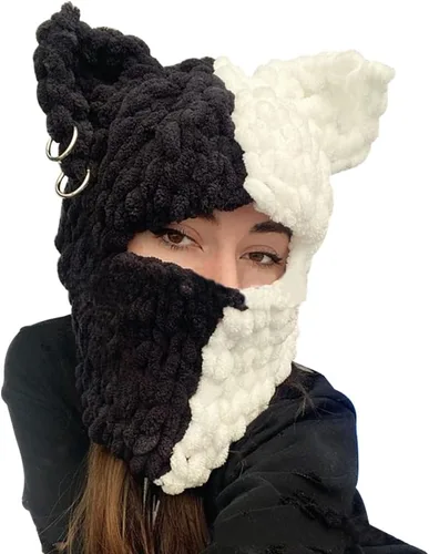 Vista 9 de Gorro de punto de crochet grueso para mujeres y niñas, divertido gorro de conejo con orejas largas con máscara y bufanda, pasamontañas térmico