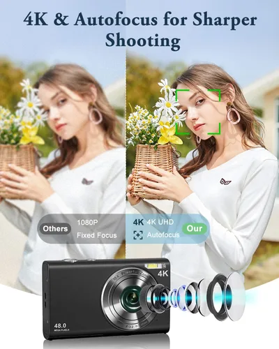Vista 2 de Cámara Digital 4K para Fotografía y Video Enfoque Automático Anti-Vibración, Zoom 16X 48MP Cámara Point and Shoot para Adolescentes Adultos