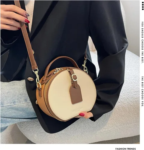 Vista 5 de Bolso redondo de cuero occidental para mujer, bolso redondo retro con asa superior con correa