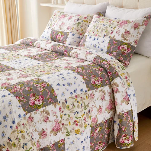 Vista 3 de EVENHUG Juego de Edredón de Retazos de 100% Algodón Tamaño Queen Ligero Floral Edredones Queen Juego de Ropa de Cama Colcha Cubrecama Cubierta
