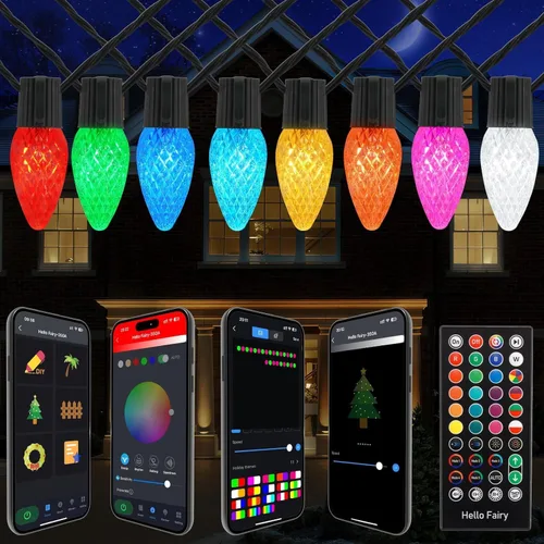 Vista 8 de Gemce Luces inteligentes C9 de Navidad para exteriores, 33 pies, 50 luces LED RGB, aplicación/control remoto, modos de bricolaje y sincronización