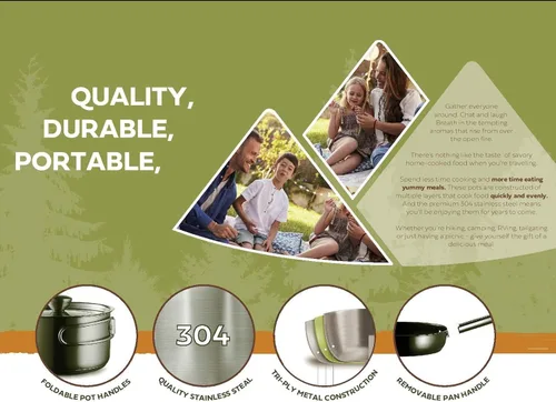 Vista 5 de Juego de utensilios de cocina de acero inoxidable 304 de 8 piezas para ollas y sartenes, kit de cocina de fuego abierto Sartén vaporera con bolsa
