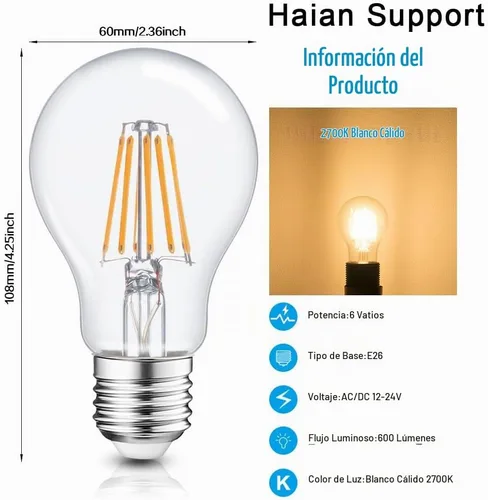 Vista 3 de Haian Support Bombilla LED eficiente de 12 V, 6 W, 600 lm, base E26/E27, 12-24 V CA/CC, paquete de 4, ideal para sistemas de batería solar fuera