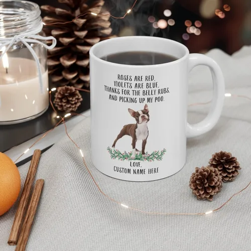 Vista 4 de Regalos divertidos para los amantes de las mascotas Boston Terrier White Borwn con nombre personalizado Roses Are Red Violets Are Blue Dog Christmas