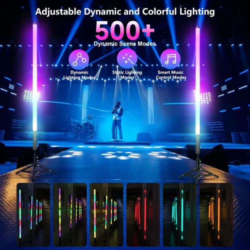 Vista 2 de LUXCEO Paquete de 2 barras de luz de tubo RGB (2.8 pies) con soporte, varilla de luz LED de video alimentada por batería para DJ y fotografía