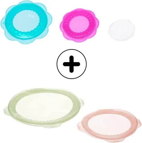 Vista 4 de OVERMATT - Funda reutilizable para almacenamiento de alimentos, juego de 5 tamaños, tapas de sellado multicolor de silicona elástica