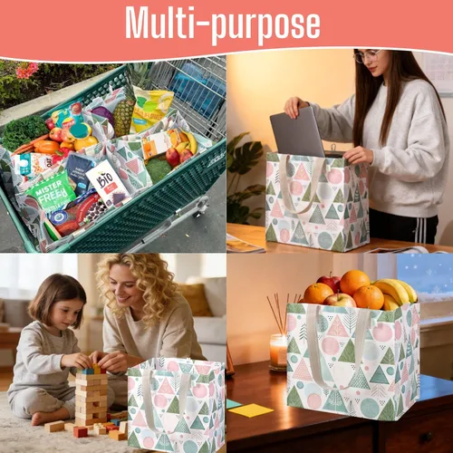 Vista 2 de VENO Paquete de 4 bolsas de comestibles reutilizables de Navidad, bolsas de compras resistentes con asas, para carrito de compras con parte inferior