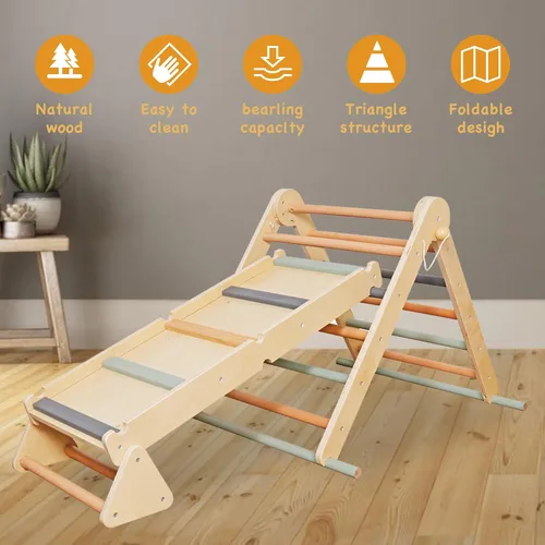 Vista 3 de Juego de escalada plegable para niños con escalera, rampa, haz de equilibrio; juguetes de escalada de madera triangular para niños pequeños de 1 a 3