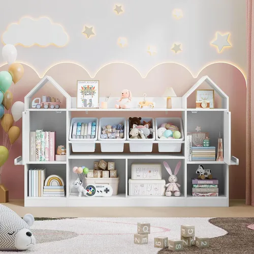 Vista 3 de Vabches Estantería infantil con forma de castillo con pizarra, estantería para niños, organizador de almacenamiento de juguetes para niños