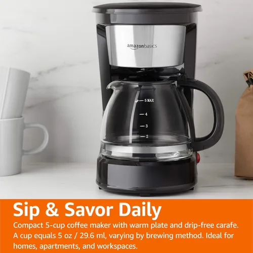 Vista 7 de Amazon Basics - Cafeteras para 5 tazas con filtro reutilizable, Jarras de café, de acero inoxidable y de color negro