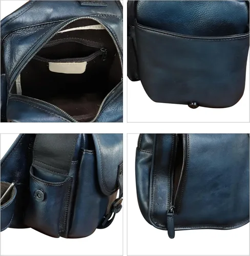 Vista 4 de Bolso bandolera de cuero genuino para hombres y mujeres, bolso cruzado, mochila vintage para senderismo, deportes, viajes, Azul, Mochilas Sling