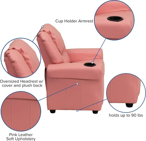 Vista 7 de EMMA + OLIVER Reclinable infantil de vinilo rosa con portavasos y reposacabezas rosado (Pink Vinyl)