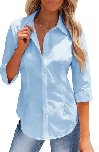 Vista 16 de siliteelon Button Down Shirts for Women: Slim Fit Stain Shield 3/4 Sleeve Dress Shirt Formal Work Button Up Blouses