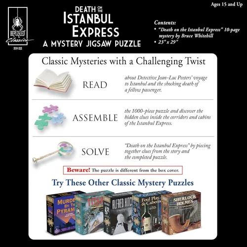Vista 9 de Murder Mystery Party Rompecabezas misterioso clásico, Muerte en el Expreso de Estambul, rompecabezas de 1000 piezas, naranja