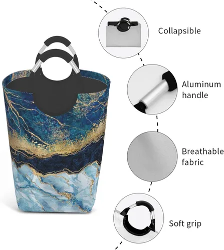 Vista 4 de Cesta de ropa sucia de mármol azul marino con mango de aluminio, cesta de lavandería plegable, cesta de almacenamiento para cuarto de baño
